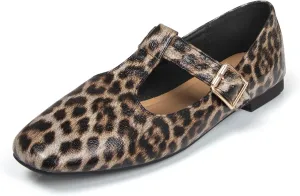 Women's Slip On T-Strap Mary Jane Flats Low Chunky Heel Comfy PU Round Toe Flat Shoes for Women Work Dressy Closed Toe Adjustable Strap Ballet Flats