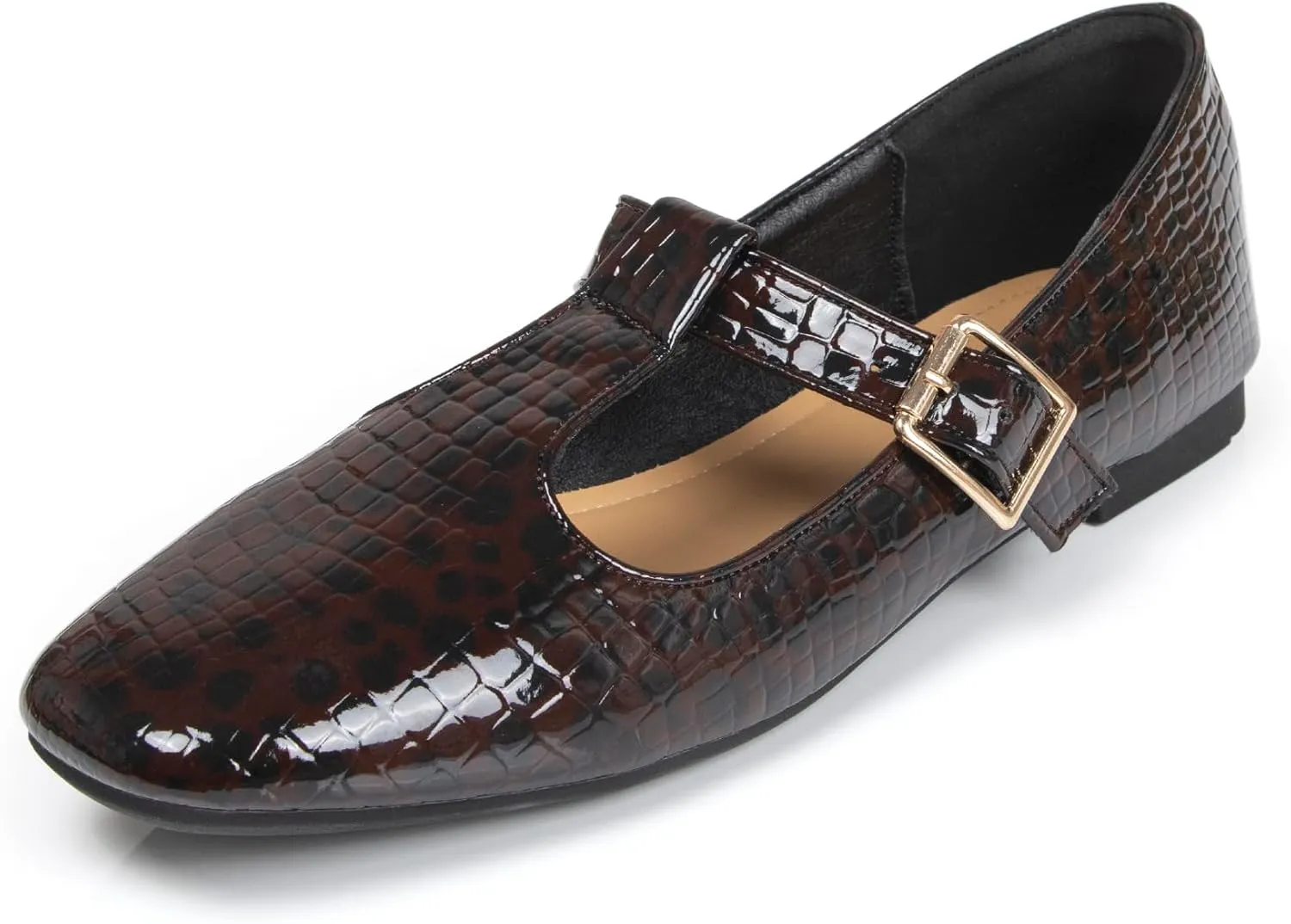 Women's Slip On T-Strap Mary Jane Flats Low Chunky Heel Comfy PU Round Toe Flat Shoes for Women Work Dressy Closed Toe Adjustable Strap Ballet Flats