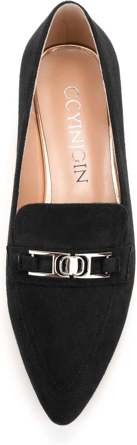 Womens Solid Slip On Pointed Toe Casual Flat Loafer, Metal Chain Loafers for Women Comfortable Fashion Work Flats Shoes