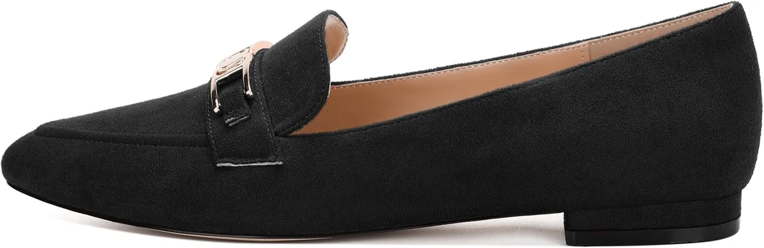 Womens Solid Slip On Pointed Toe Casual Flat Loafer, Metal Chain Loafers for Women Comfortable Fashion Work Flats Shoes