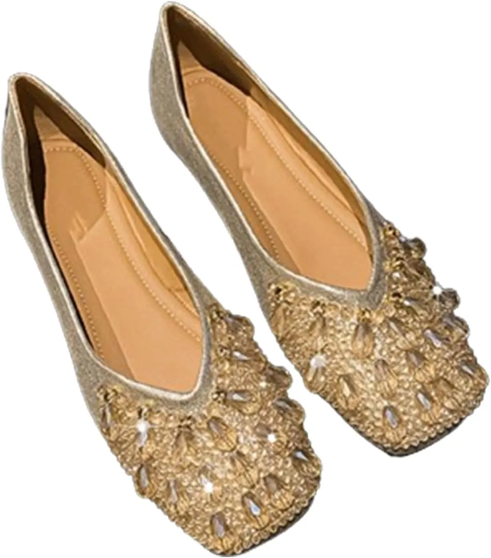 Women's Square Toe Flats Rhinestone Ballet Shoes,Fashion Wedding Flats for Women Comfortable Slip on Low Heel Shoes (B Gold,8.5)