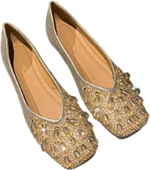 Women's Square Toe Flats Rhinestone Ballet Shoes,Fashion Wedding Flats for Women Comfortable Slip on Low Heel Shoes (B Gold,8.5)