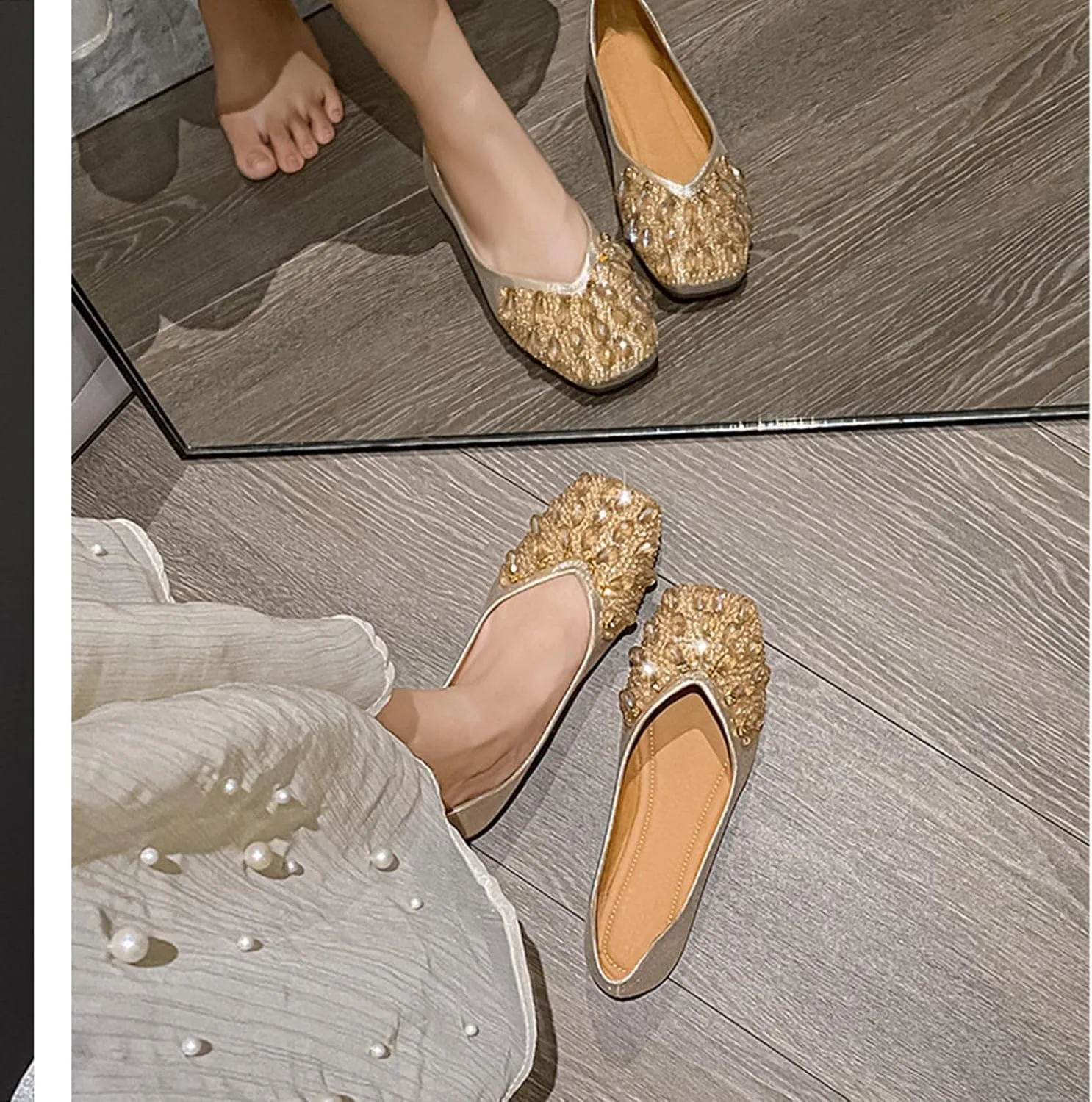 Women's Square Toe Flats Rhinestone Ballet Shoes,Fashion Wedding Flats for Women Comfortable Slip on Low Heel Shoes (B Gold,8.5)