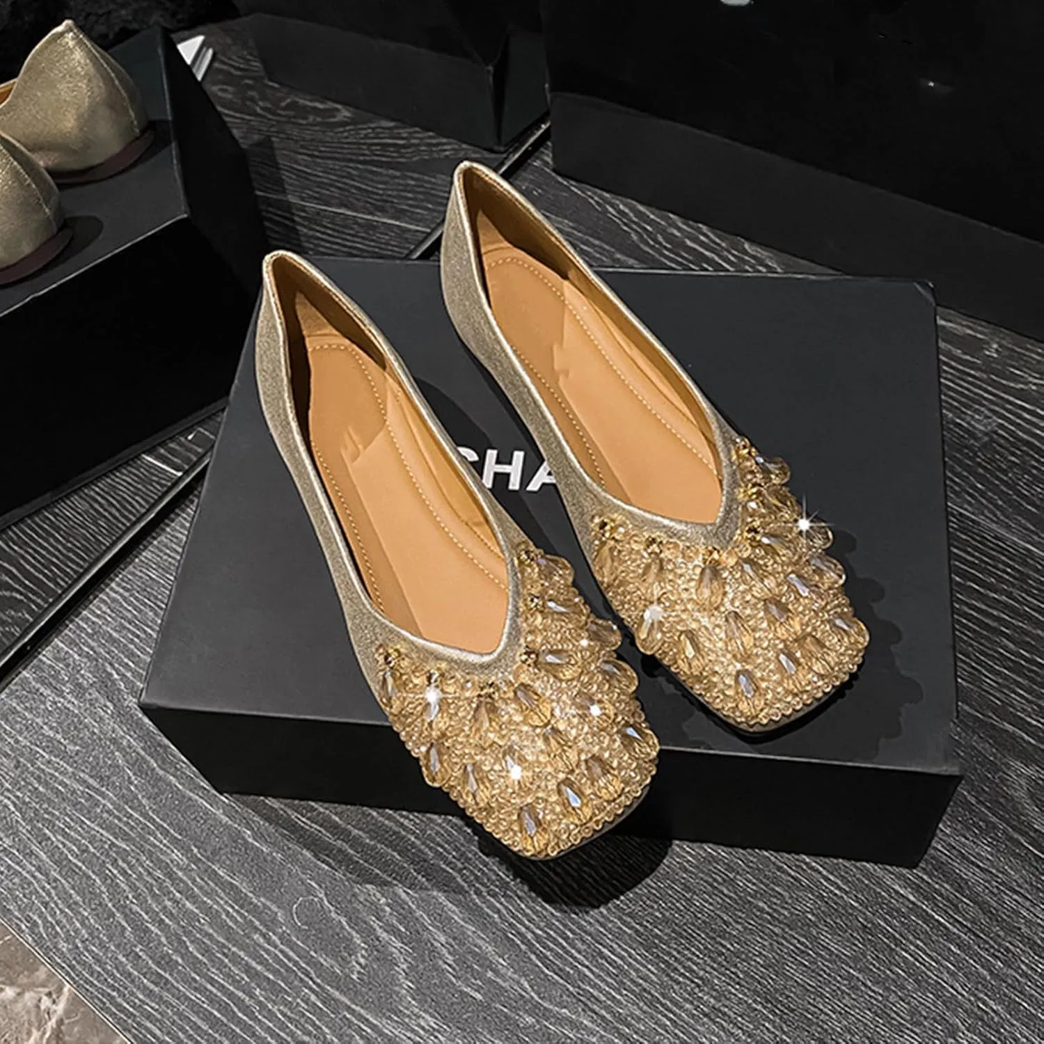 Women's Square Toe Flats Rhinestone Ballet Shoes,Fashion Wedding Flats for Women Comfortable Slip on Low Heel Shoes (B Gold,8.5)