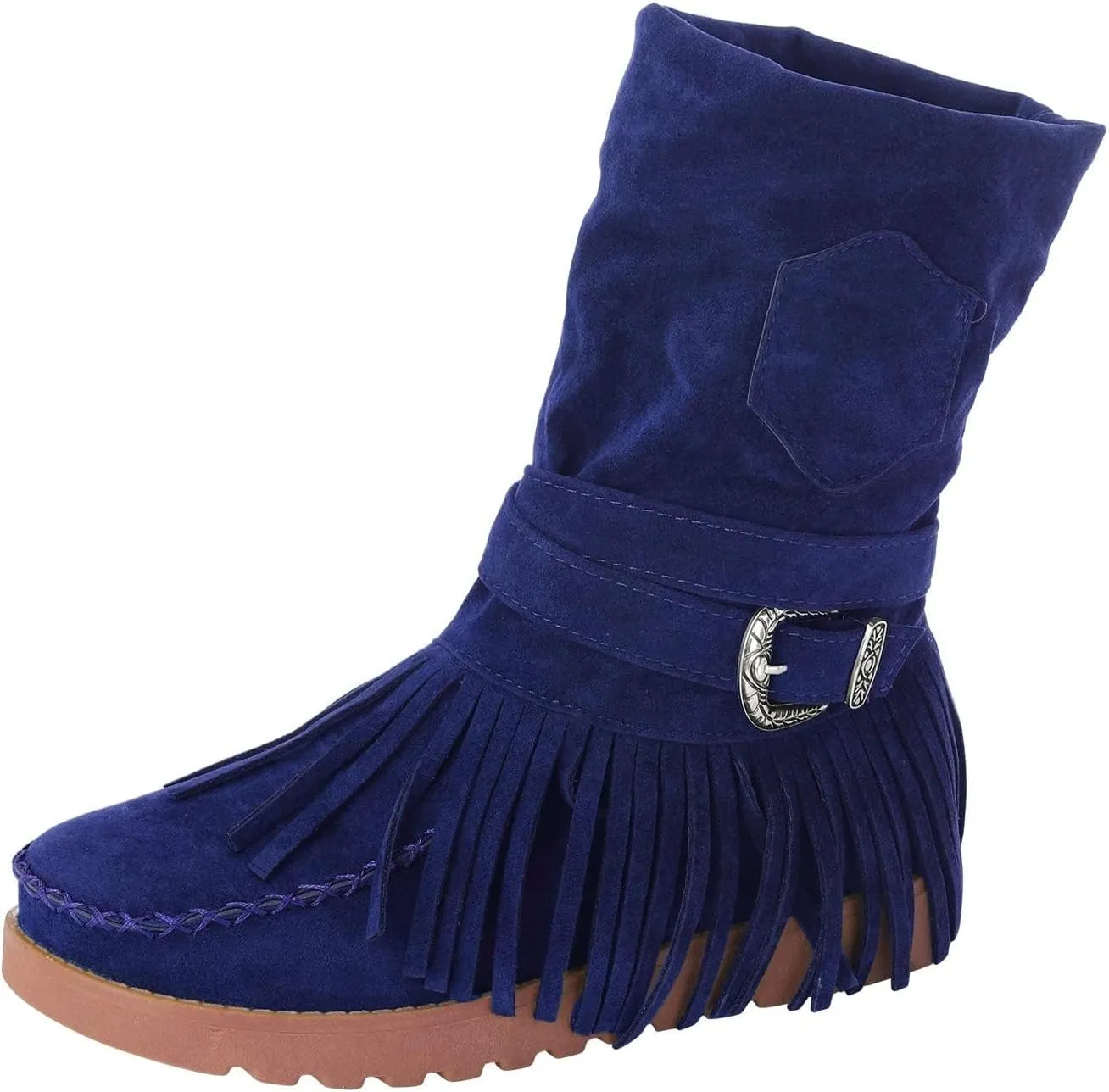 Women's Tassel Booties Fashion Fringe Suede Moccasins Ankle Boots Retro Ethnic Wedge Wide Mid Calf Booties Winter Warm Riding Short Ankle Boots For Girls