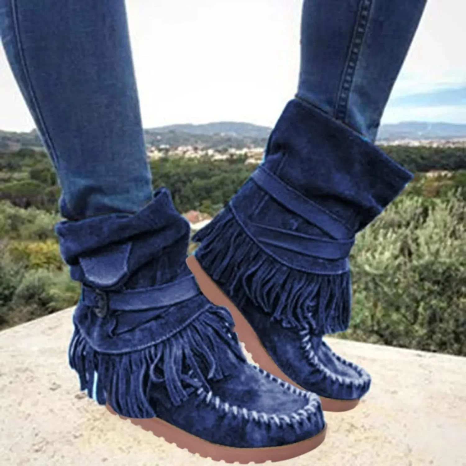 Women's Tassel Booties Fashion Fringe Suede Moccasins Ankle Boots Retro Ethnic Wedge Wide Mid Calf Booties Winter Warm Riding Short Ankle Boots For Girls