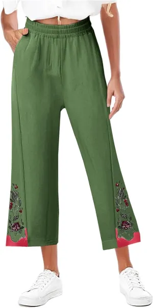 Women's Vintage Cotton Linen Pants Wide Leg Elastic Waist Cropped Trousers Floral Embroidered Comfy Lounge Outfits