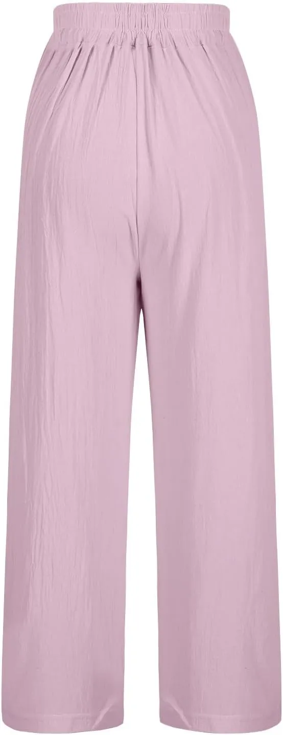 Women's Vintage Cotton Linen Pants Wide Leg Elastic Waist Cropped Trousers Floral Embroidered Comfy Lounge Outfits