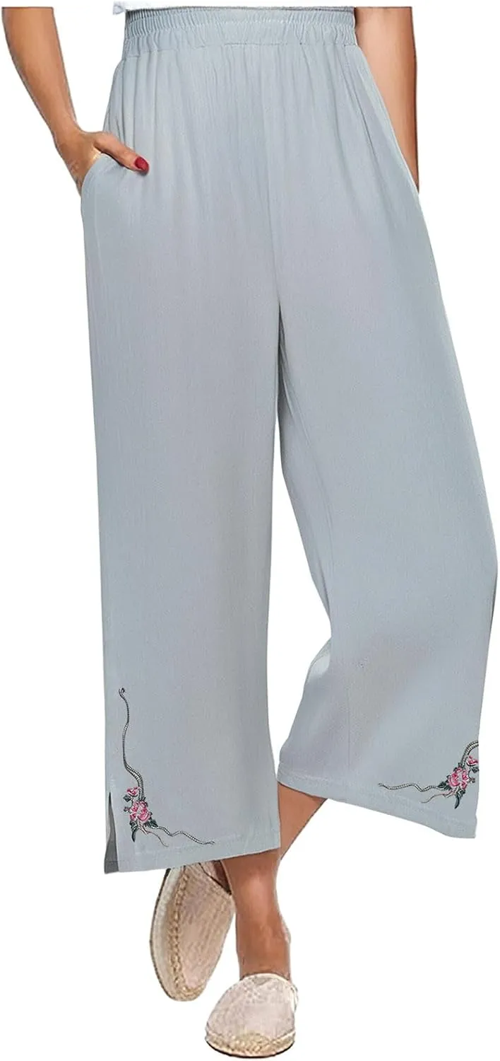 Women's Vintage Cotton Linen Pants Wide Leg Elastic Waist Cropped Trousers Floral Embroidered Comfy Lounge Outfits