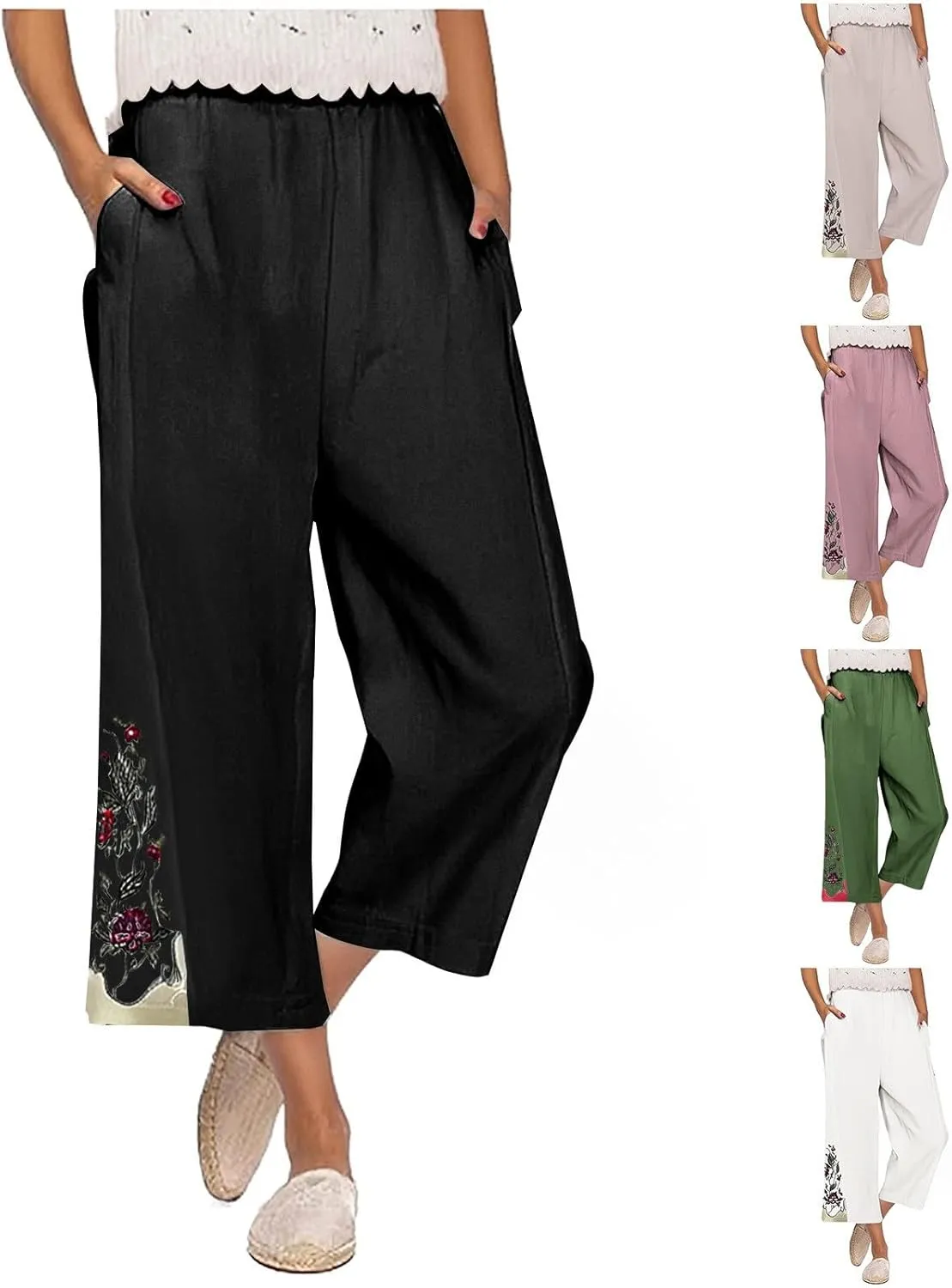 Women's Vintage Cotton Linen Pants Wide Leg Elastic Waist Cropped Trousers Floral Embroidered Comfy Lounge Outfits