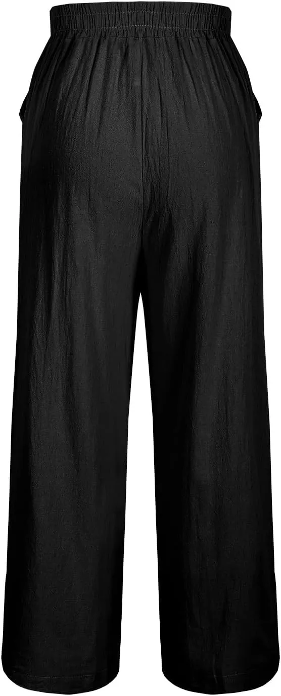 Women's Vintage Cotton Linen Pants Wide Leg Elastic Waist Cropped Trousers Floral Embroidered Comfy Lounge Outfits