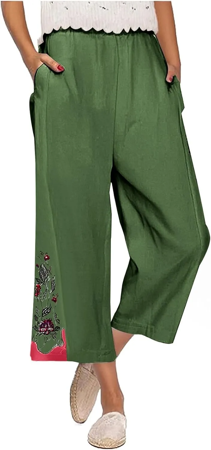 Women's Vintage Cotton Linen Pants Wide Leg Elastic Waist Cropped Trousers Floral Embroidered Comfy Lounge Outfits
