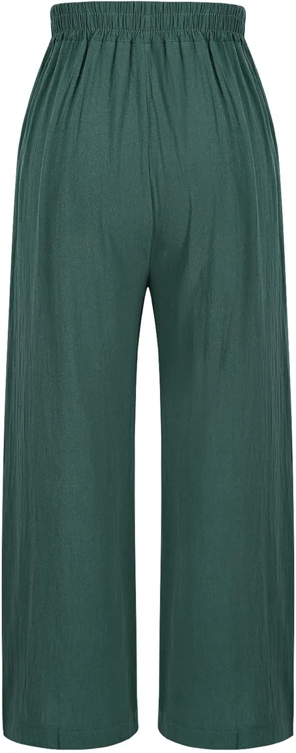 Women's Vintage Cotton Linen Pants Wide Leg Elastic Waist Cropped Trousers Floral Embroidered Comfy Lounge Outfits