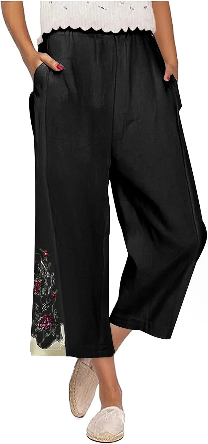 Women's Vintage Cotton Linen Pants Wide Leg Elastic Waist Cropped Trousers Floral Embroidered Comfy Lounge Outfits