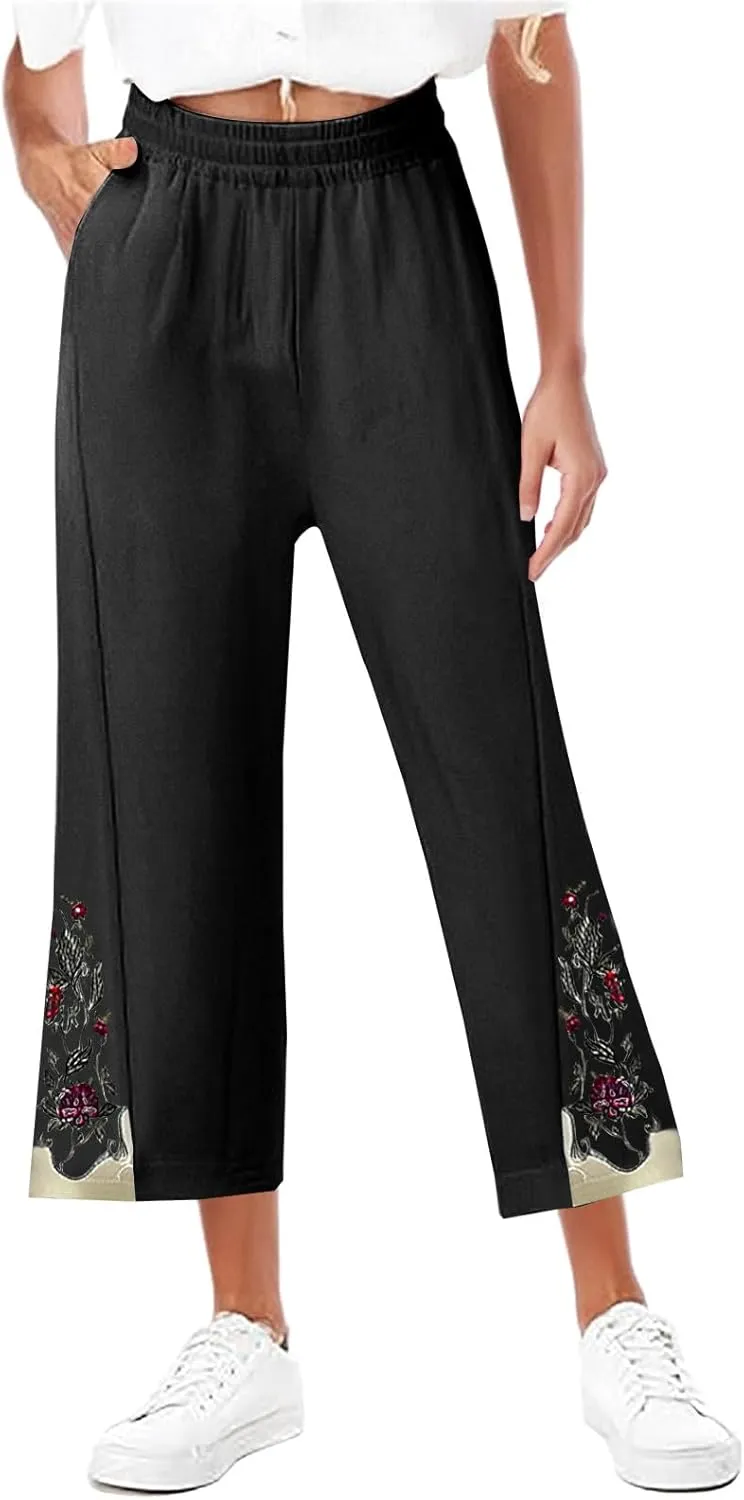 Women's Vintage Cotton Linen Pants Wide Leg Elastic Waist Cropped Trousers Floral Embroidered Comfy Lounge Outfits