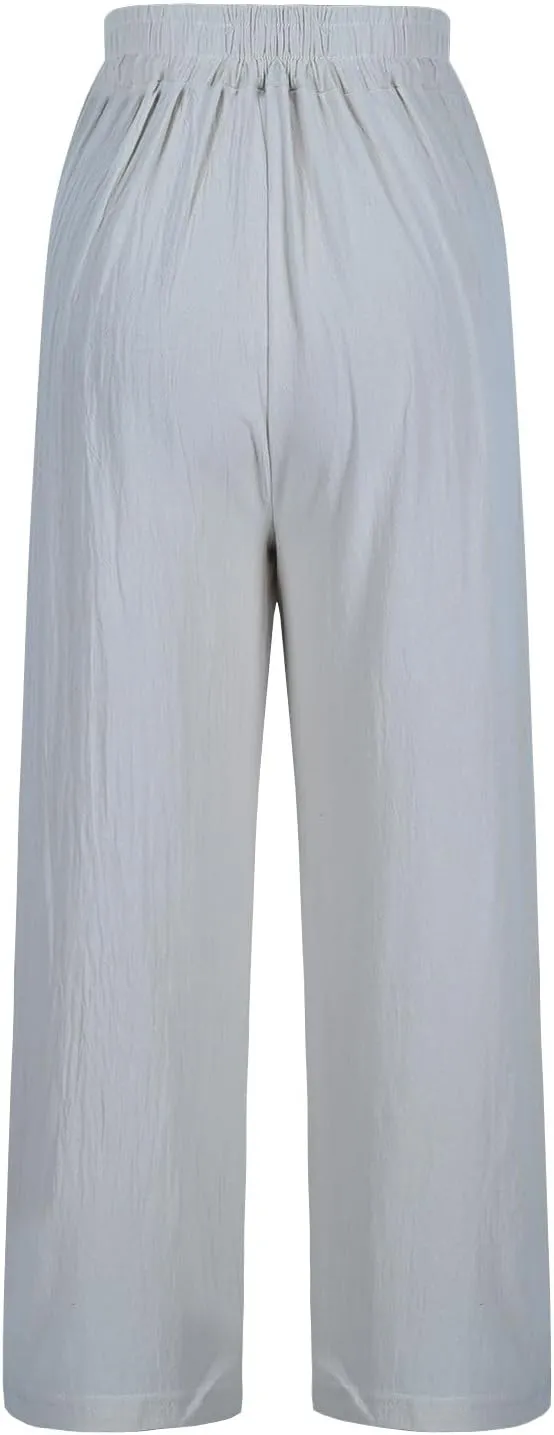 Women's Vintage Cotton Linen Pants Wide Leg Elastic Waist Cropped Trousers Floral Embroidered Comfy Lounge Outfits