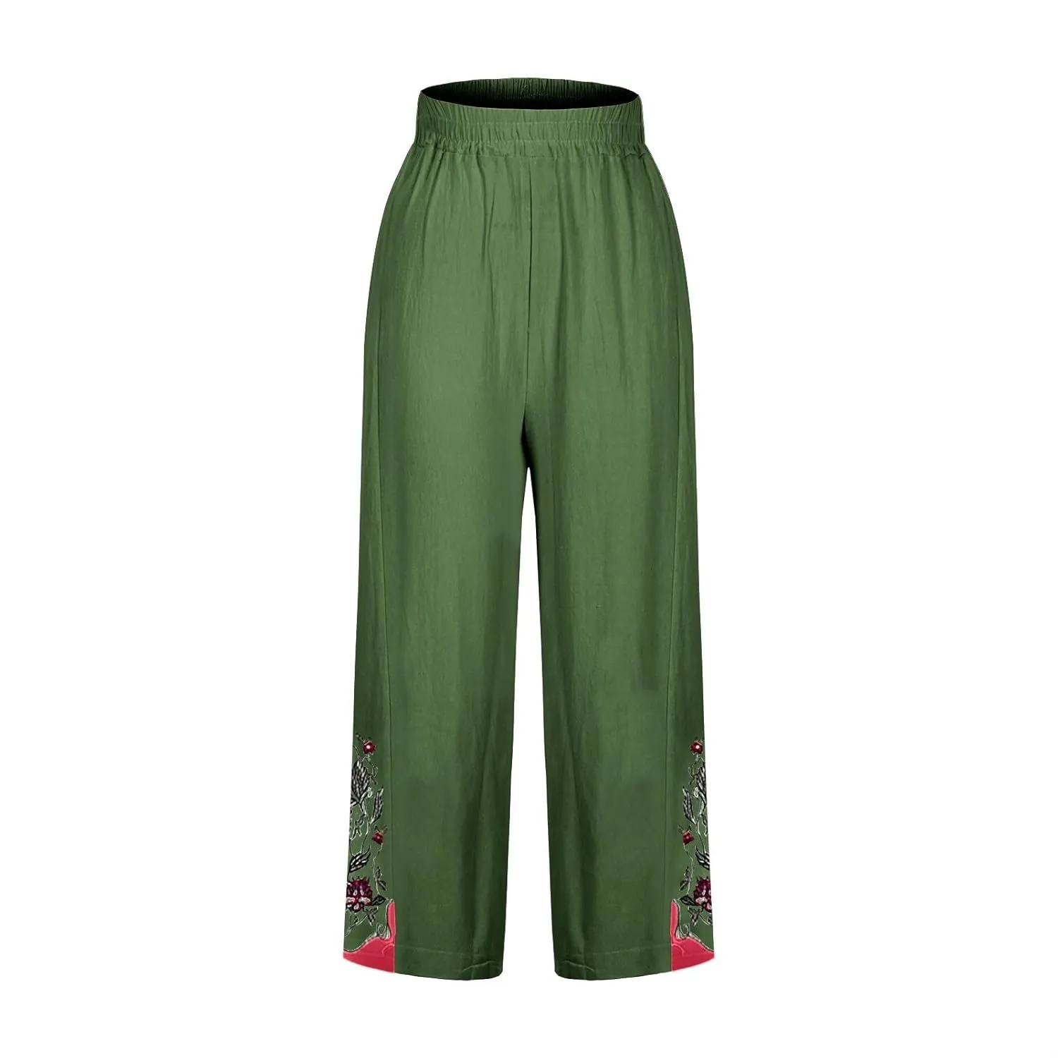 Women's Vintage Cotton Linen Pants Wide Leg Elastic Waist Cropped Trousers Floral Embroidered Comfy Lounge Outfits