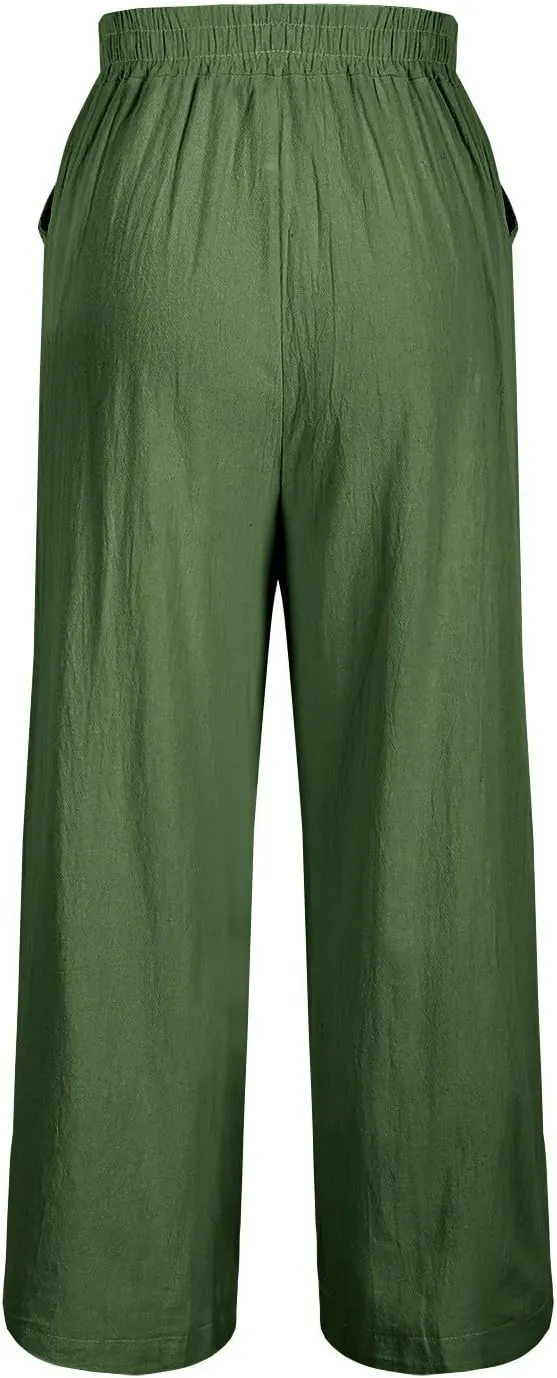 Women's Vintage Cotton Linen Pants Wide Leg Elastic Waist Cropped Trousers Floral Embroidered Comfy Lounge Outfits
