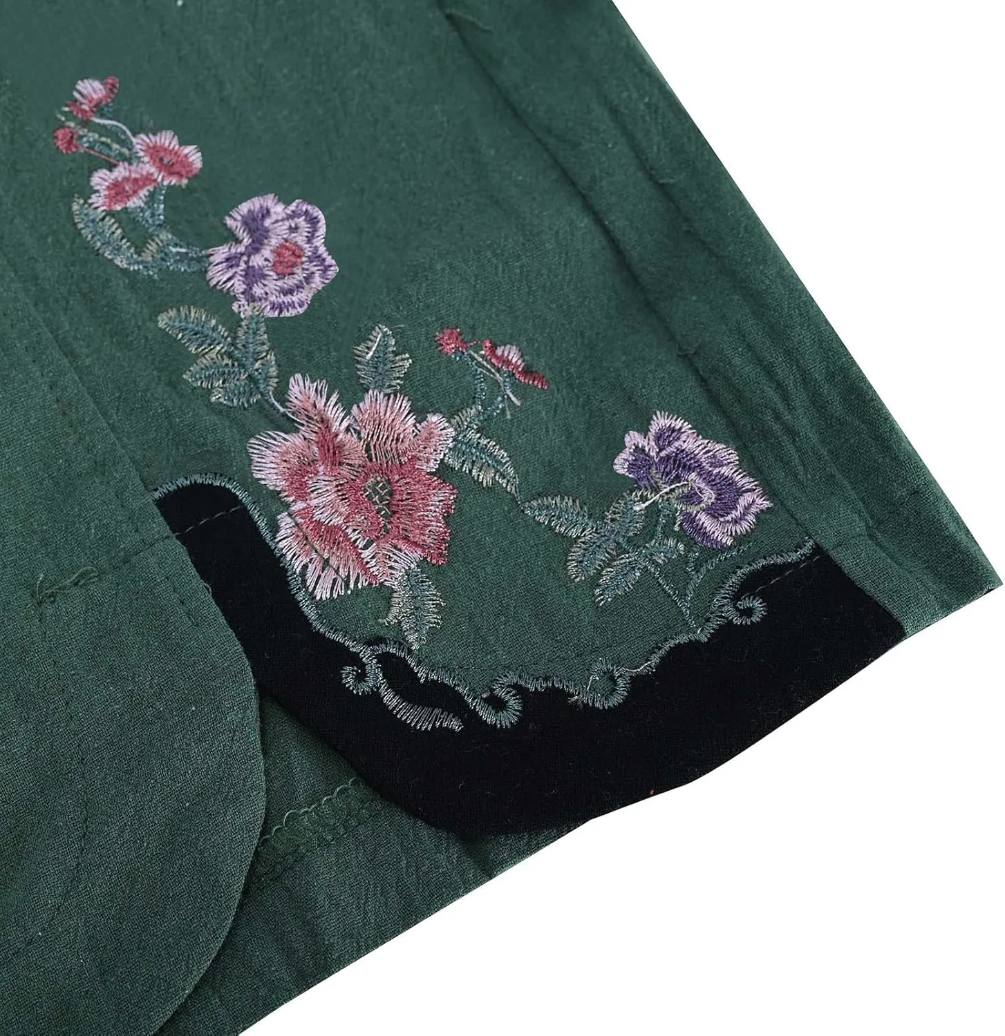 Women's Vintage Cotton Linen Pants Wide Leg Elastic Waist Cropped Trousers Floral Embroidered Comfy Lounge Outfits