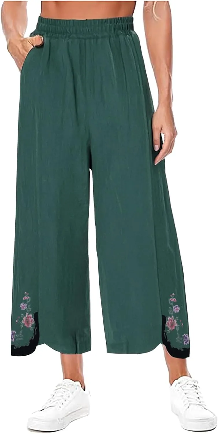 Women's Vintage Cotton Linen Pants Wide Leg Elastic Waist Cropped Trousers Floral Embroidered Comfy Lounge Outfits