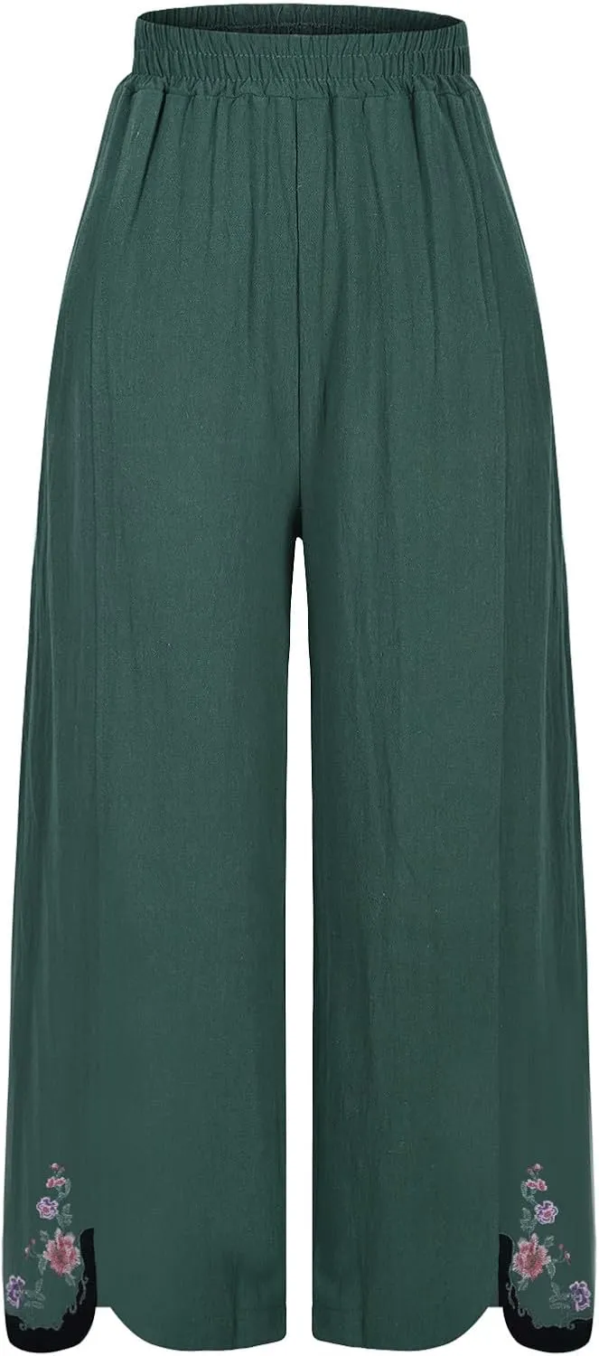 Women's Vintage Cotton Linen Pants Wide Leg Elastic Waist Cropped Trousers Floral Embroidered Comfy Lounge Outfits