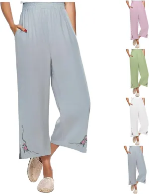 Women's Vintage Cotton Linen Pants Wide Leg Elastic Waist Cropped Trousers Floral Embroidered Comfy Lounge Outfits