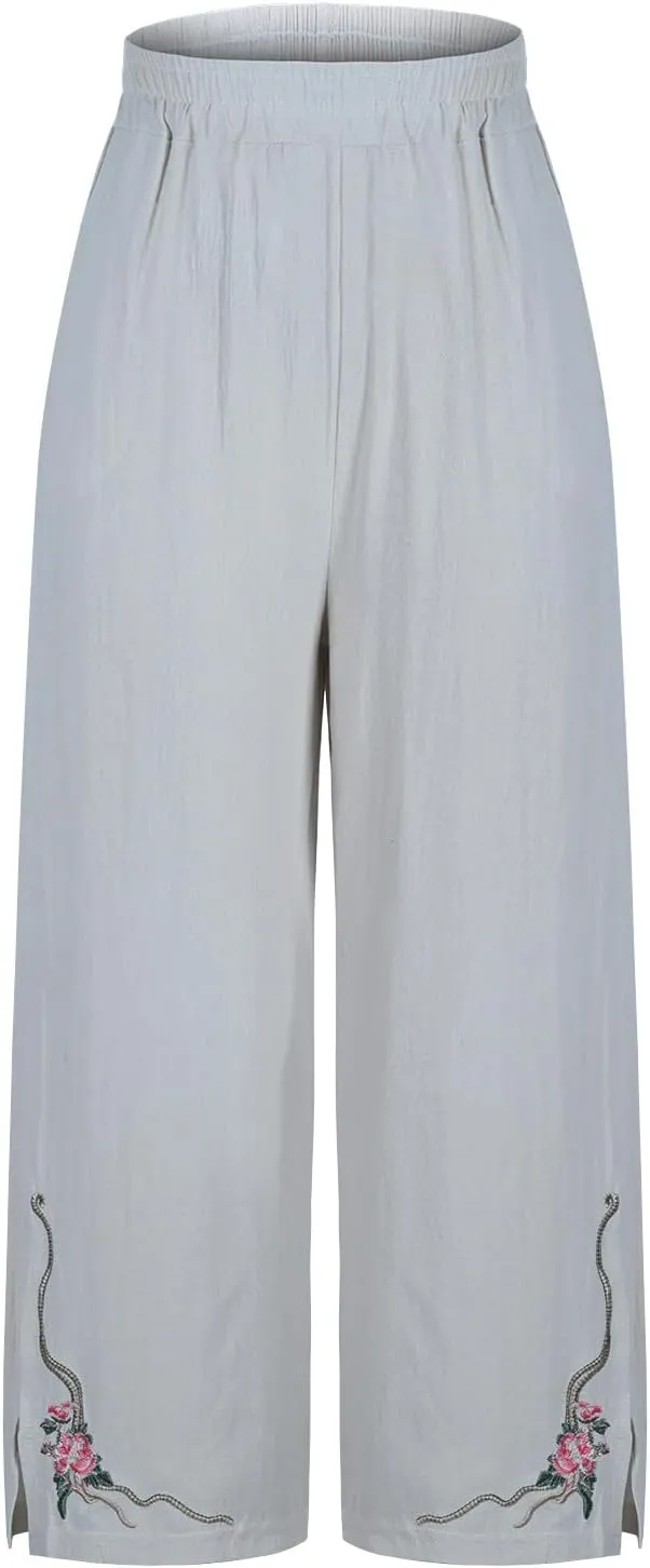 Women's Vintage Cotton Linen Pants Wide Leg Elastic Waist Cropped Trousers Floral Embroidered Comfy Lounge Outfits