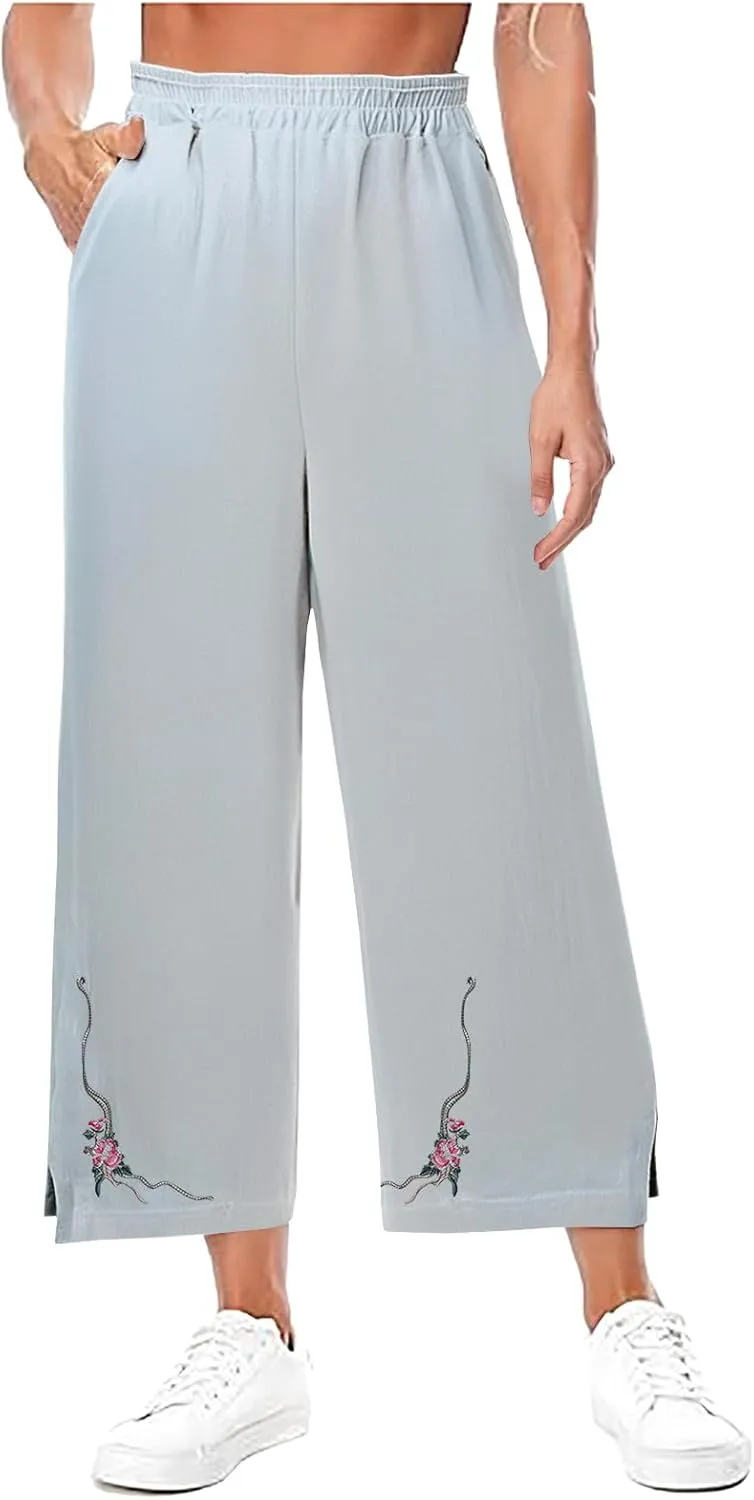 Women's Vintage Cotton Linen Pants Wide Leg Elastic Waist Cropped Trousers Floral Embroidered Comfy Lounge Outfits