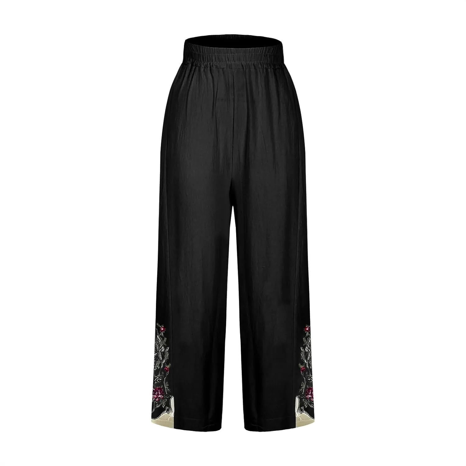 Women's Vintage Cotton Linen Pants Wide Leg Elastic Waist Cropped Trousers Floral Embroidered Comfy Lounge Outfits