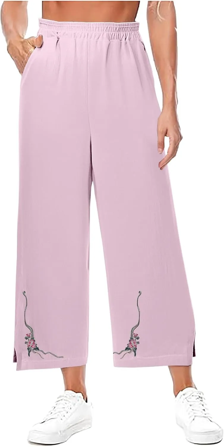 Women's Vintage Cotton Linen Pants Wide Leg Elastic Waist Cropped Trousers Floral Embroidered Comfy Lounge Outfits