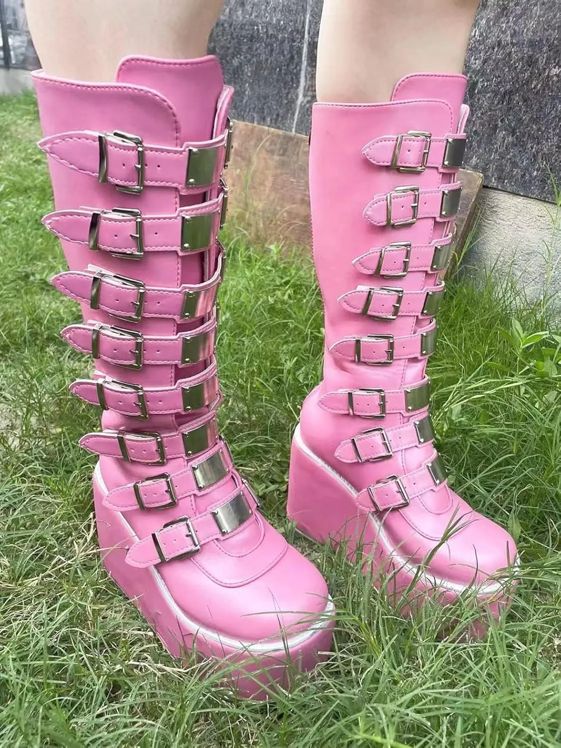 Womens Wedge Platform Knee High Boots Round Toe Zip Combat Goth Punk Motorcycle Booties Zip up With Metal Buckles