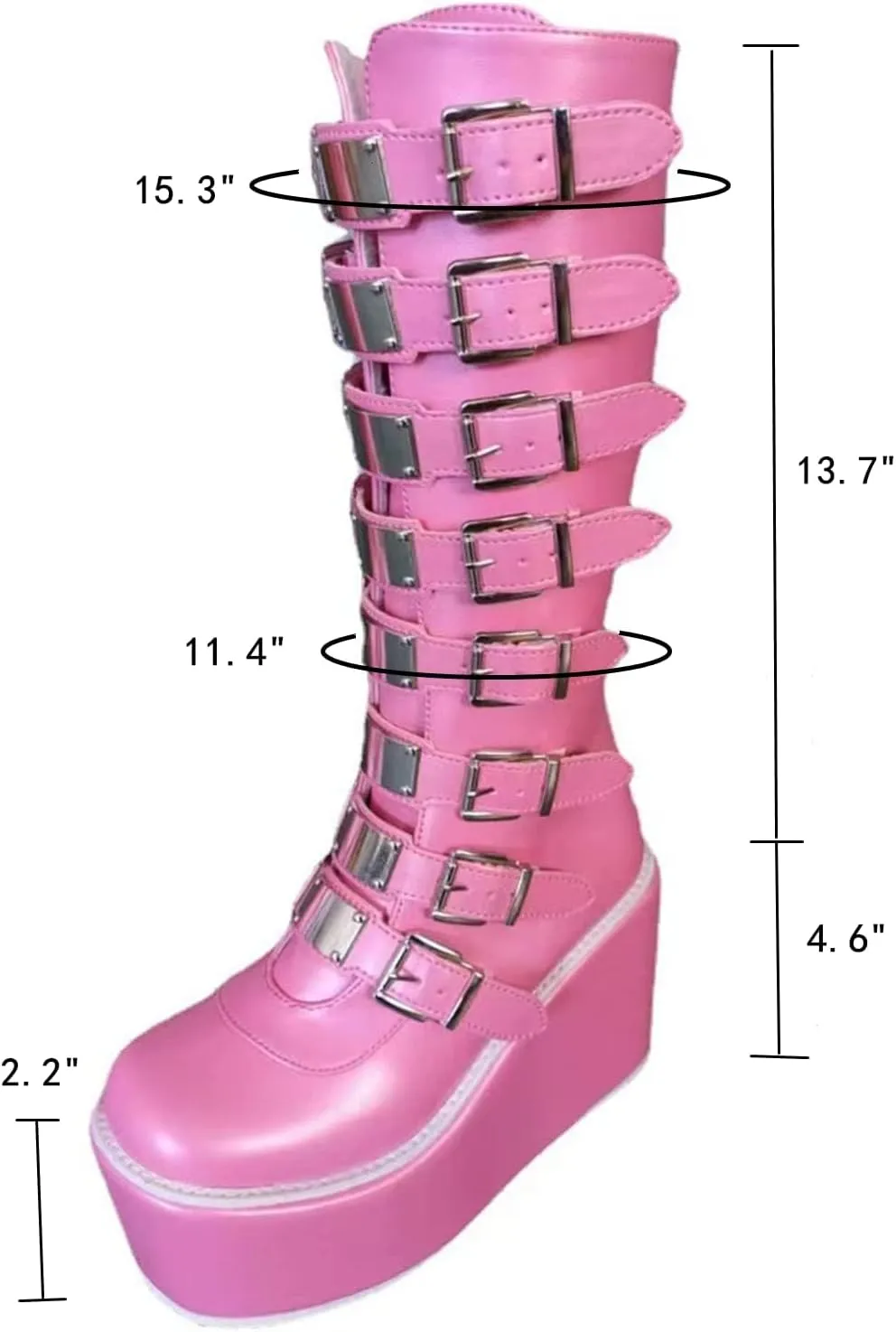 Womens Wedge Platform Knee High Boots Round Toe Zip Combat Goth Punk Motorcycle Booties Zip up With Metal Buckles