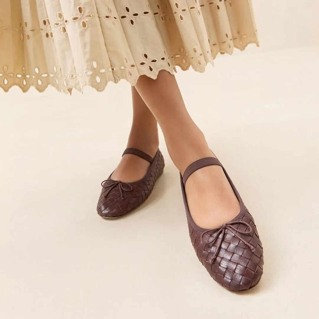 Womens Woven Ballet Flats with Bow Round Toe Slip on Mary Jane Flats Ladies Fashion Elastic Strap Ballerina Shoes