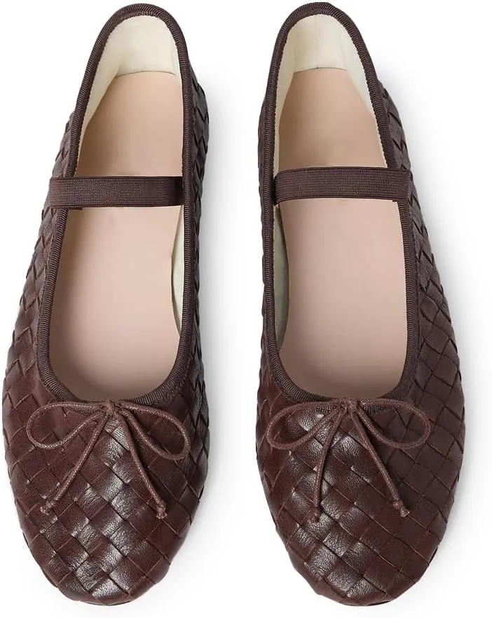 Womens Woven Ballet Flats with Bow Round Toe Slip on Mary Jane Flats Ladies Fashion Elastic Strap Ballerina Shoes