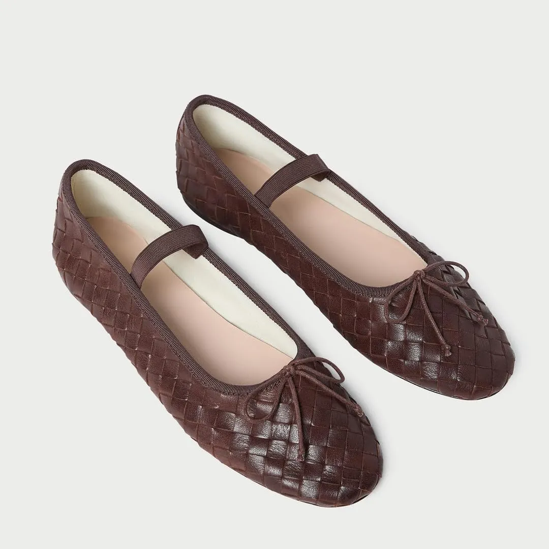 Womens Woven Ballet Flats with Bow Round Toe Slip on Mary Jane Flats Ladies Fashion Elastic Strap Ballerina Shoes