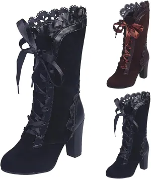 Womenyiaor Victorian Boots for Women Halloween Boots Lace Up Renaissance Boots 70s Vintage Boots Costume Witch Shoes Low Heel Goth Boots Mid Calf Boots