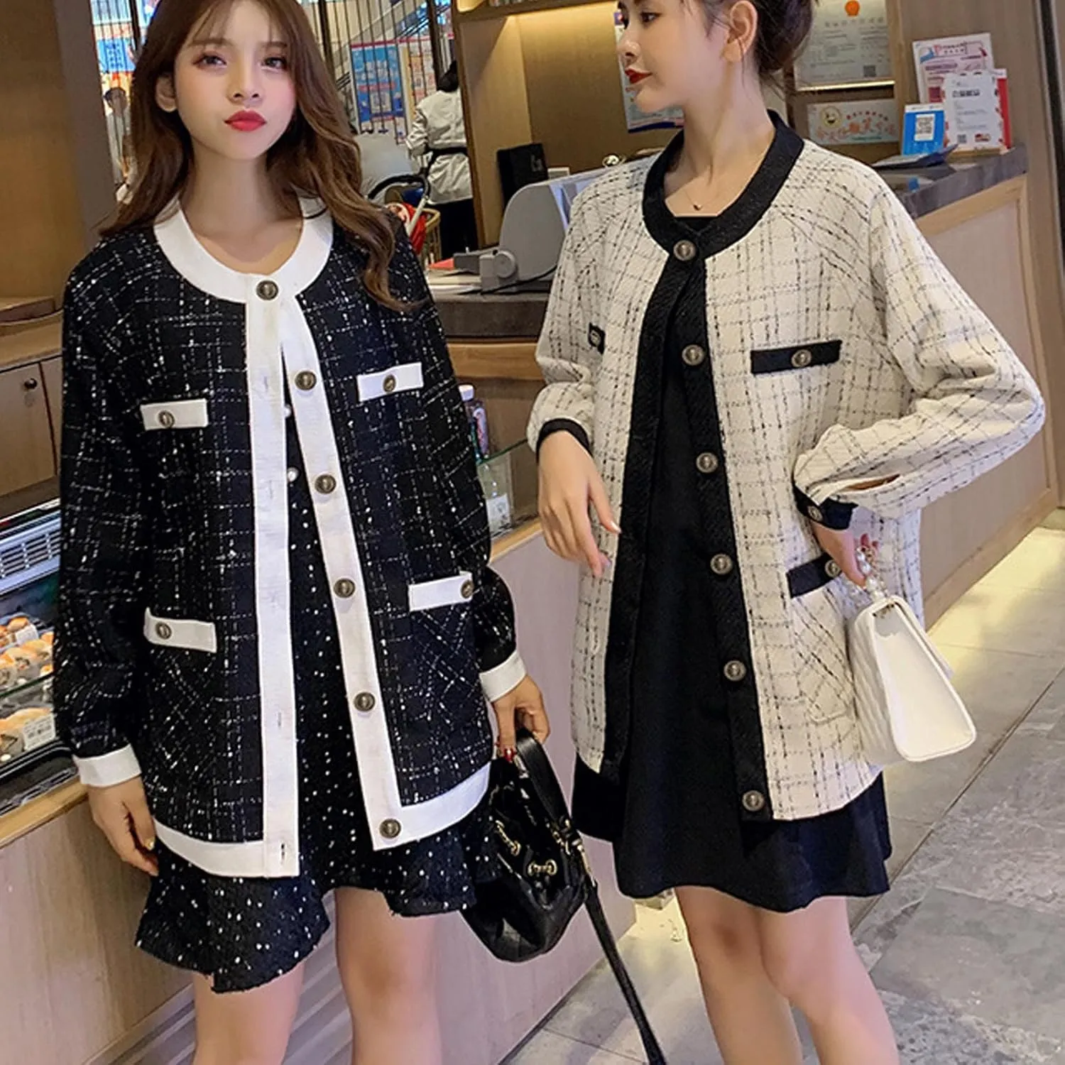Xaspee Women's Tweed Blazer Jacket Collarless Long Sleeve Button Down Loose Plaid Jackets with Pockets