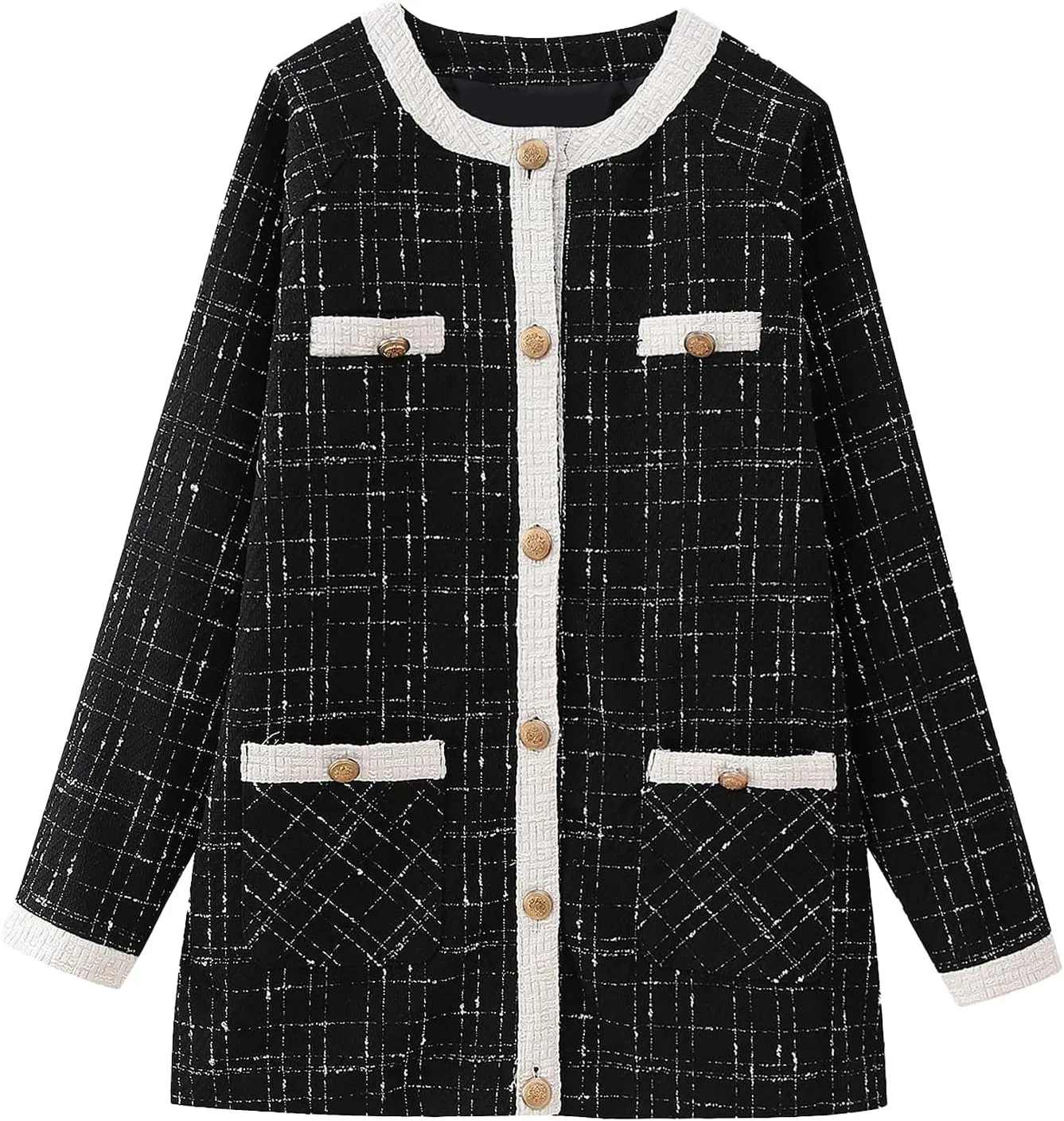 Xaspee Women's Tweed Blazer Jacket Collarless Long Sleeve Button Down Loose Plaid Jackets with Pockets