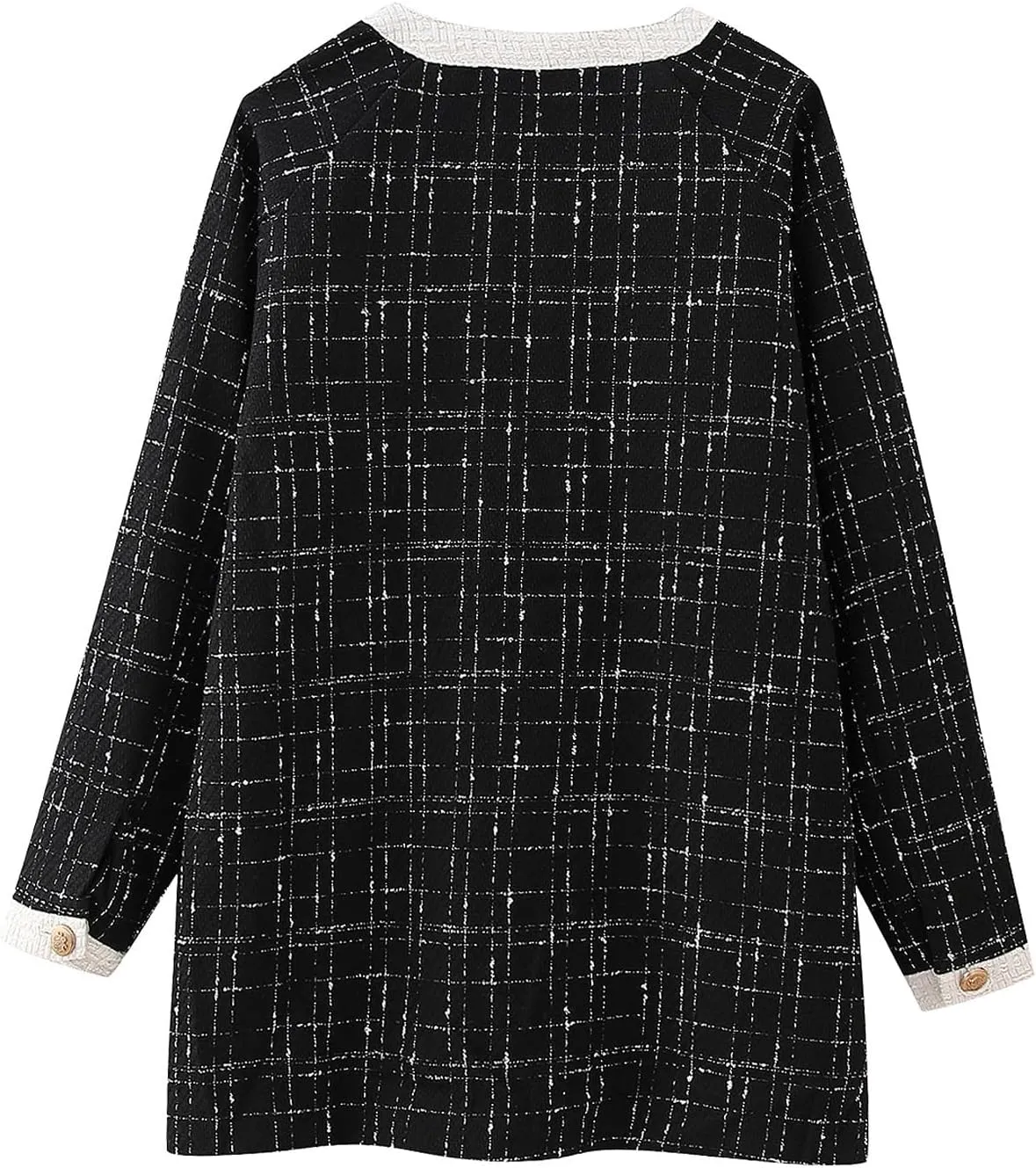 Xaspee Women's Tweed Blazer Jacket Collarless Long Sleeve Button Down Loose Plaid Jackets with Pockets