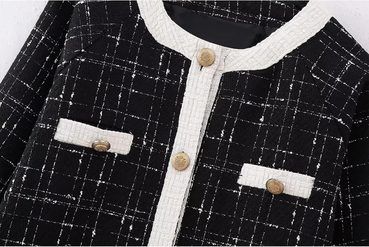 Xaspee Women's Tweed Blazer Jacket Collarless Long Sleeve Button Down Loose Plaid Jackets with Pockets