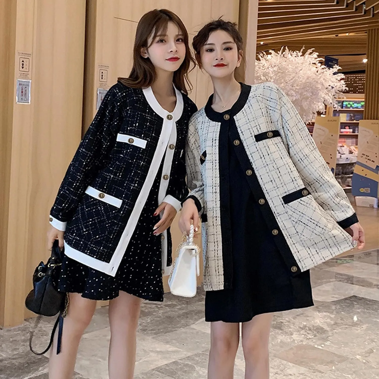 Xaspee Women's Tweed Blazer Jacket Collarless Long Sleeve Button Down Loose Plaid Jackets with Pockets