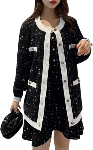 Xaspee Women's Tweed Blazer Jacket Collarless Long Sleeve Button Down Loose Plaid Jackets with Pockets