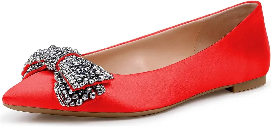 XYD Women Classic Pointy Toe Ballet Flats Rhinestone Bows Slip On Basic Office Dress Satin Shoes