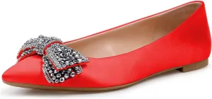 XYD Women Classic Pointy Toe Ballet Flats Rhinestone Bows Slip On Basic Office Dress Satin Shoes