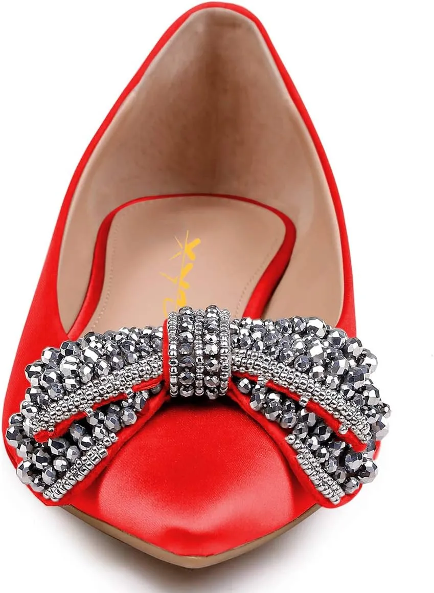 XYD Women Classic Pointy Toe Ballet Flats Rhinestone Bows Slip On Basic Office Dress Satin Shoes