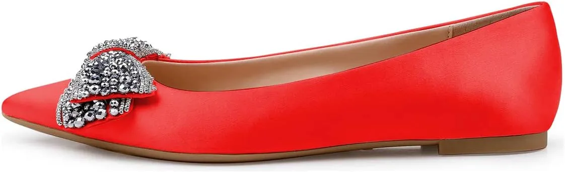 XYD Women Classic Pointy Toe Ballet Flats Rhinestone Bows Slip On Basic Office Dress Satin Shoes