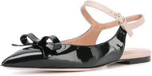 XYD Women Pointed Toe Bows Flats Ankle Strap Open Back Comfortable Ballet Shoes with Bowknots