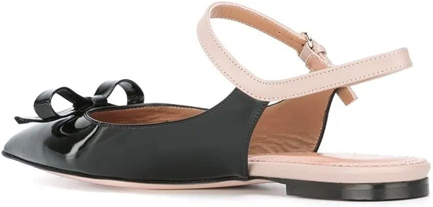 XYD Women Pointed Toe Bows Flats Ankle Strap Open Back Comfortable Ballet Shoes with Bowknots