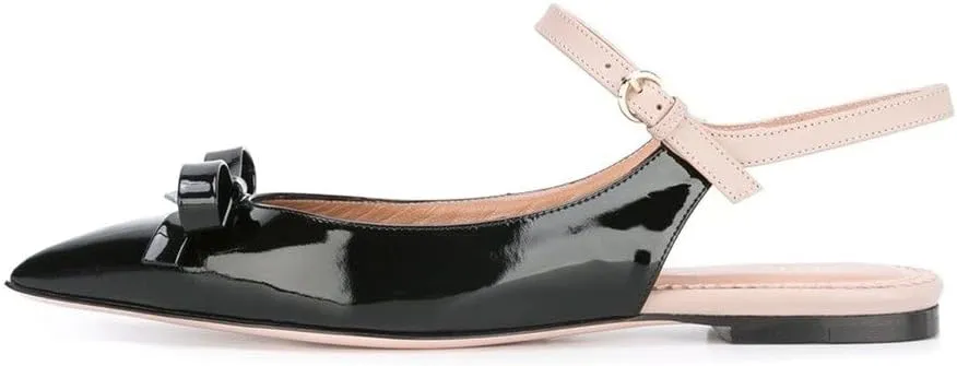 XYD Women Pointed Toe Bows Flats Ankle Strap Open Back Comfortable Ballet Shoes with Bowknots