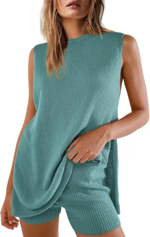 Yanekop Womens Summer Knit Lounge Sets Sleeveless Sweater Set 2 Piece Outfit Sets Matching Sets Loungewear